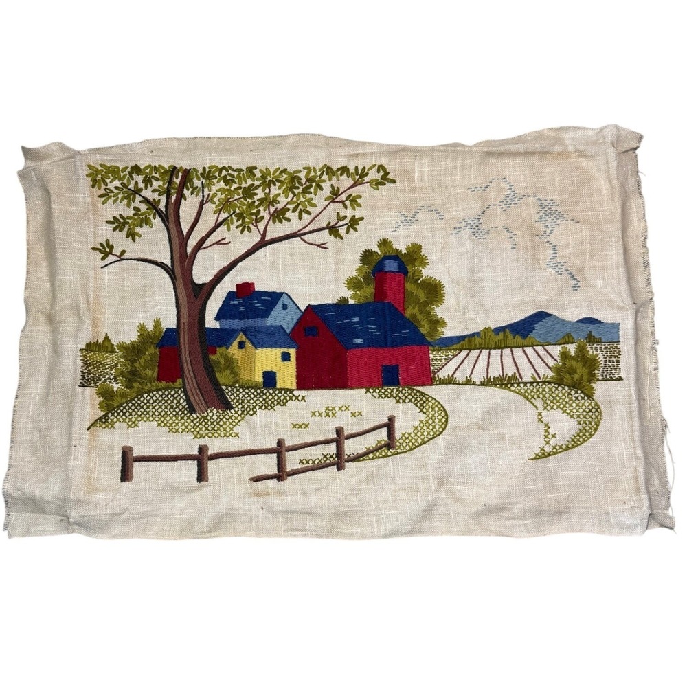Vintage Hand Embroidered Linen Farm Scene Folk Art Red Barn Textile Tapestry